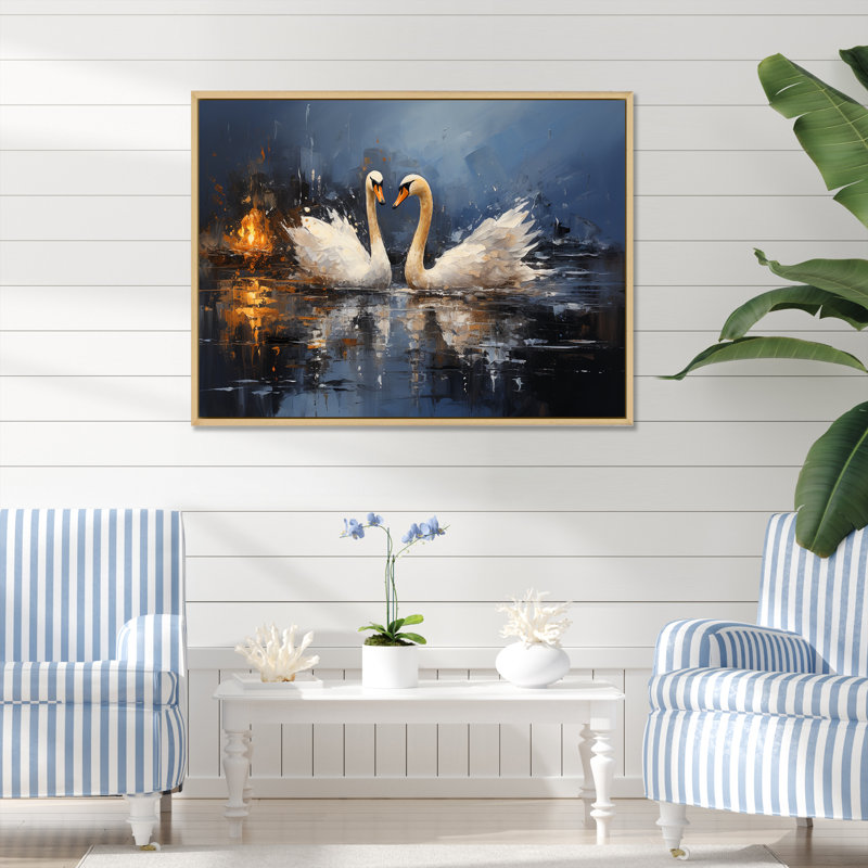White Swans Harmony Moonlight Pond I - Art mural animaux cygnes, H 16 po x l 32 po x P 1 po, Cadre flottant brun