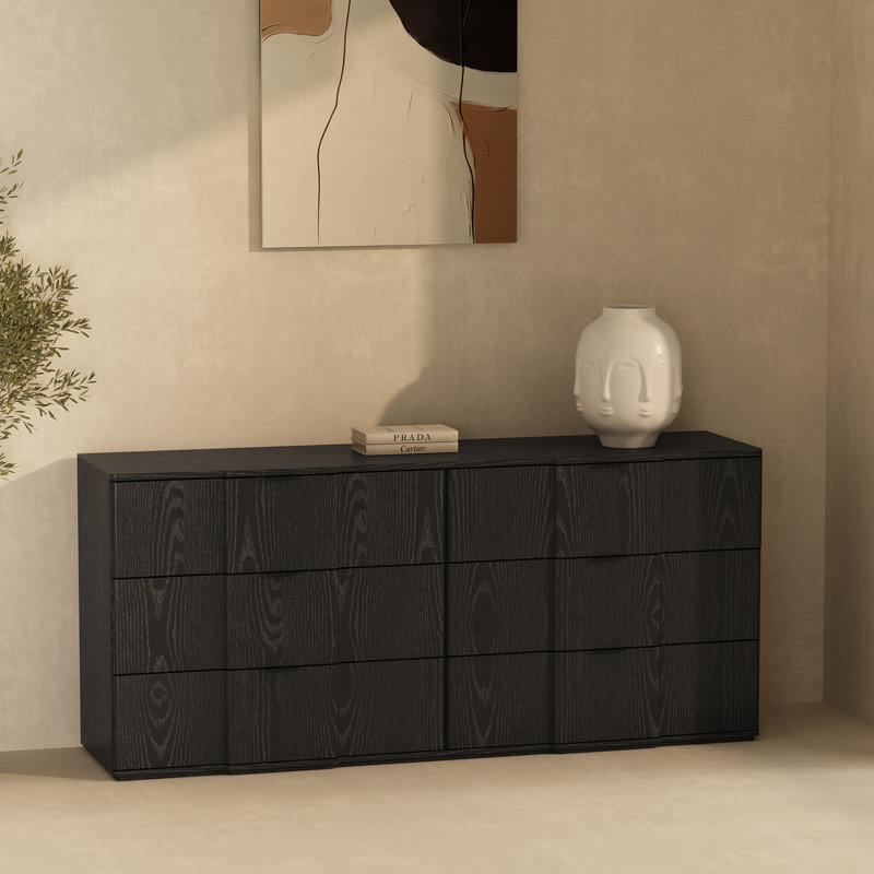 Clive 72" Mid-Century Modern 6-Drawer Double Dresser in Black, Black