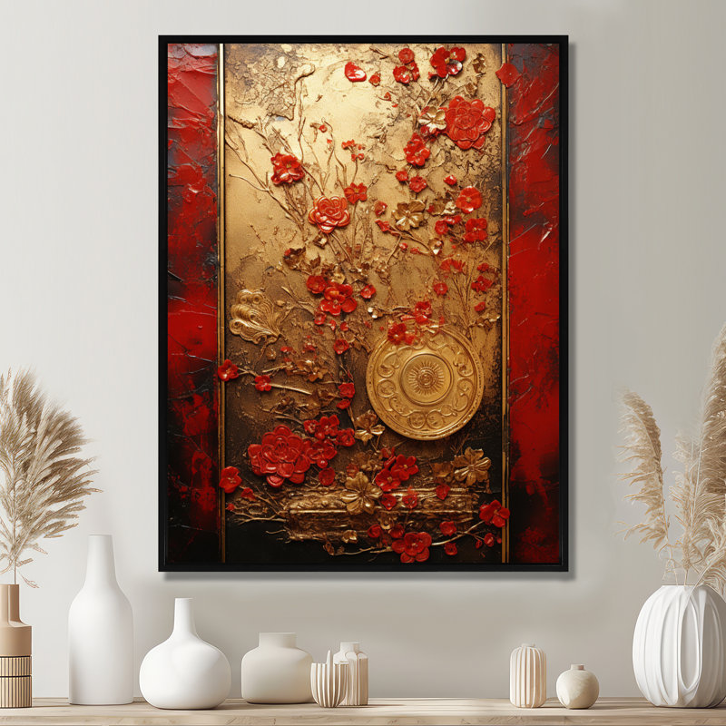 «God and Red Floral Japanese Tiles III - Abstract Botanicals», art mural, H 32 po x l 24 po x P 1 po, Cadre flottant noir