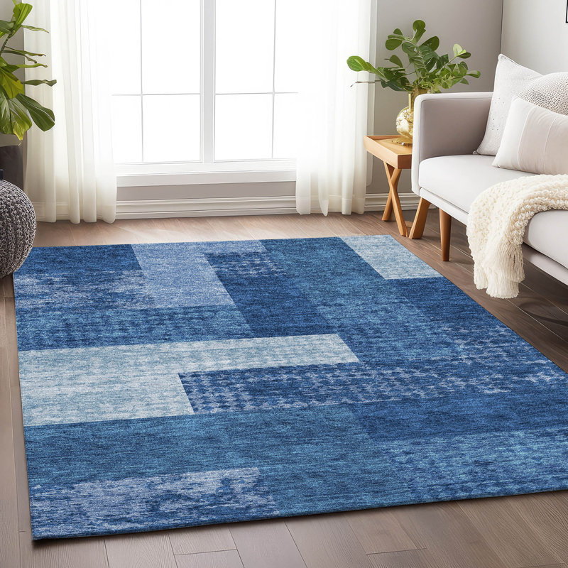 Tapis bleu marine de qualité supérieure lavable à la machine Prisco, Rectangle 10 pi x 14 pi