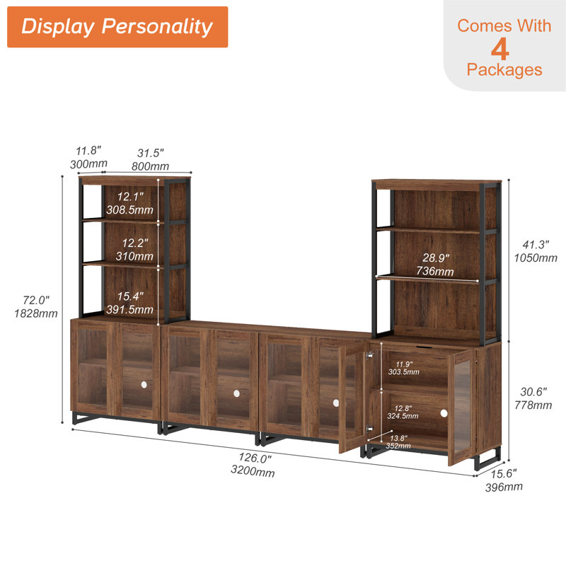  Home Office Set: 59" Modern Desk With Charging Station And Storage Cabinet, Two 72" Tall Bookcases With 3 Tiers And 4 Cabinets, Wood Computer Desk And Storage Cabinet For Work Study