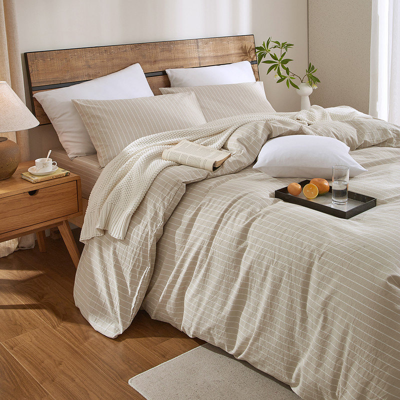LIFETOWN Striped Duvet Cover Set 100% Washed Cotton Linen Like Bedding Set, Beige/White, Twin Duvet Cover + 2 Pillowcases