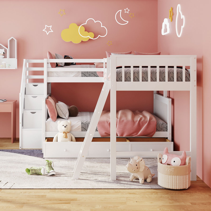 Twin over Full L-Shaped Bunk Bed With 3 Drawers, Ladder and Staircase, White
