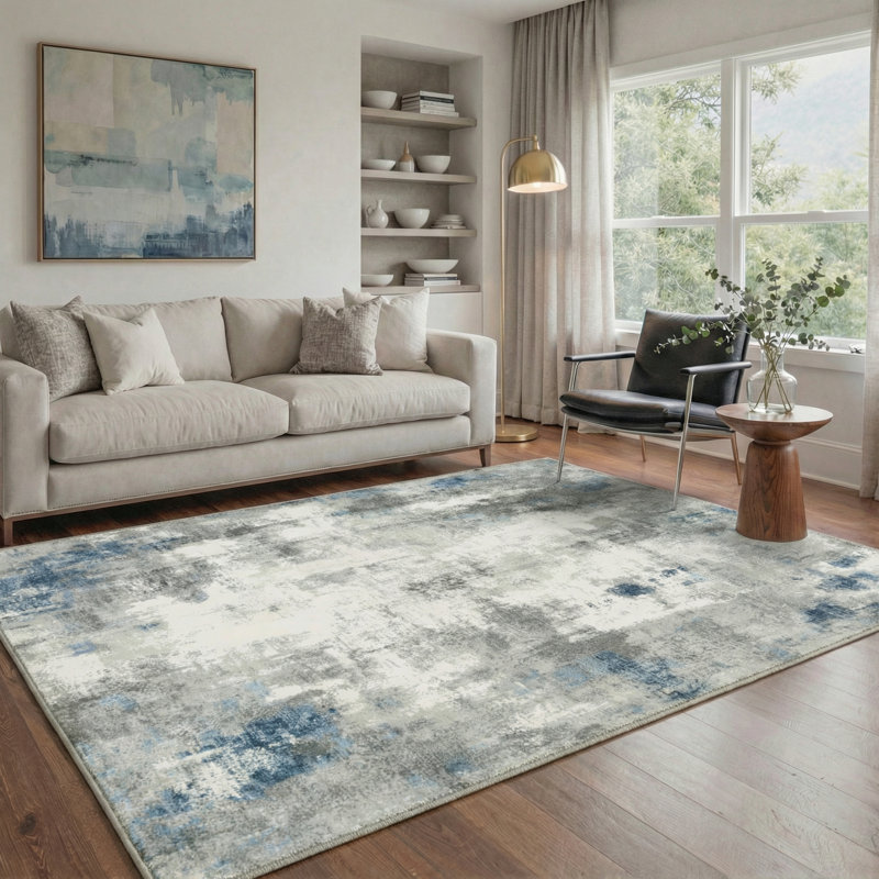 Mignone Pavelina Abstract Machine Washable Grey/Ivory/Blue Indoor Area Rug With Non-Slip Backing, Rectangle 5' x 7'