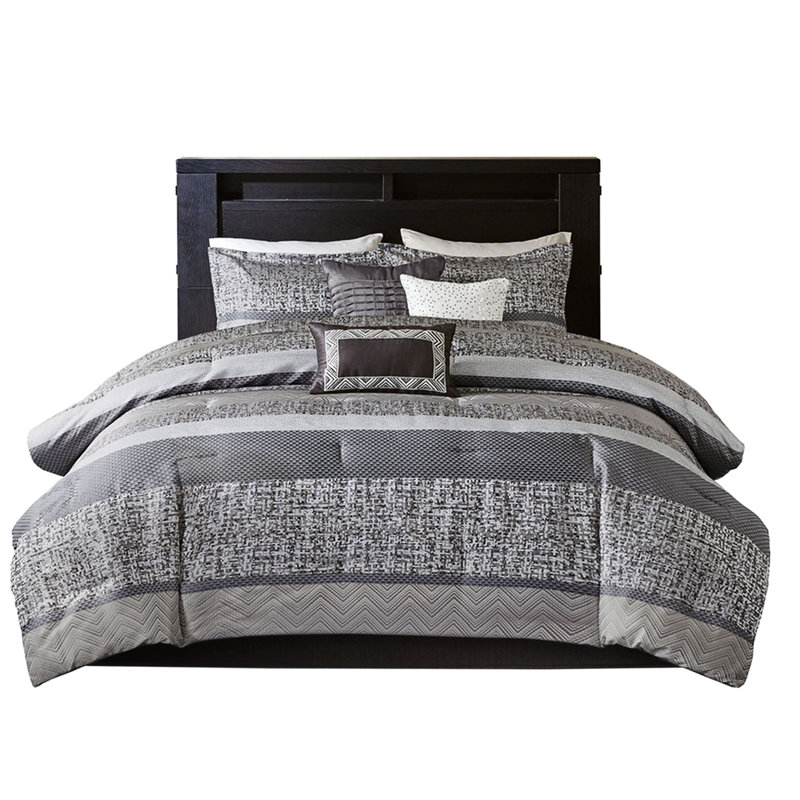 7 Piece Comforter - Grey/taupe King Drop Luxury Bed Embroidered Skirt, Gray/Taupe