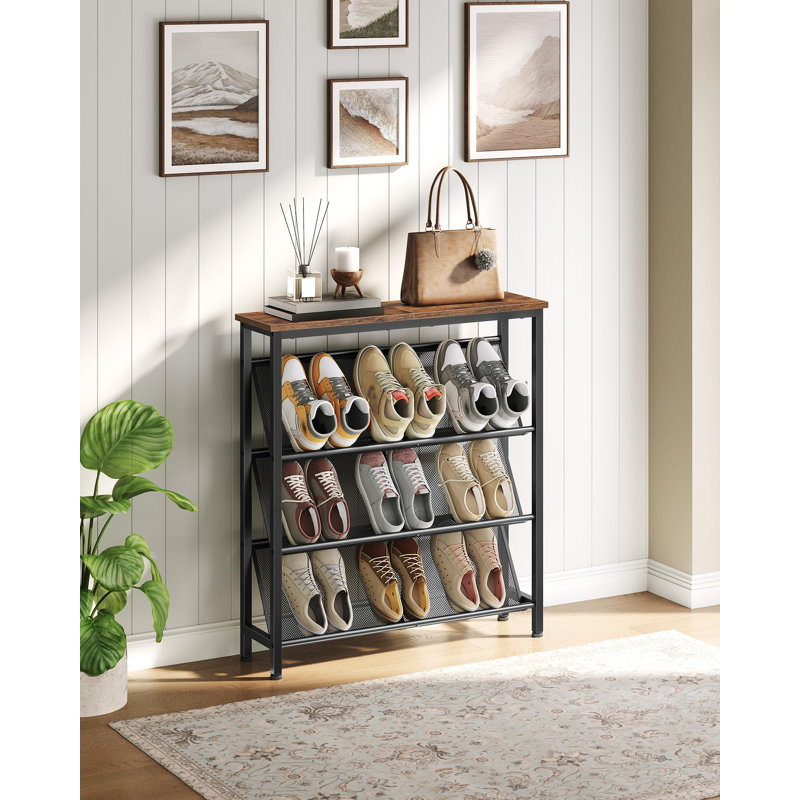Étagère à chaussures inclinée à 4 niveaux, range-chaussures avec pieds réglables, étagère à chaussures mince avec plateau en bois et structure en métal, noir
