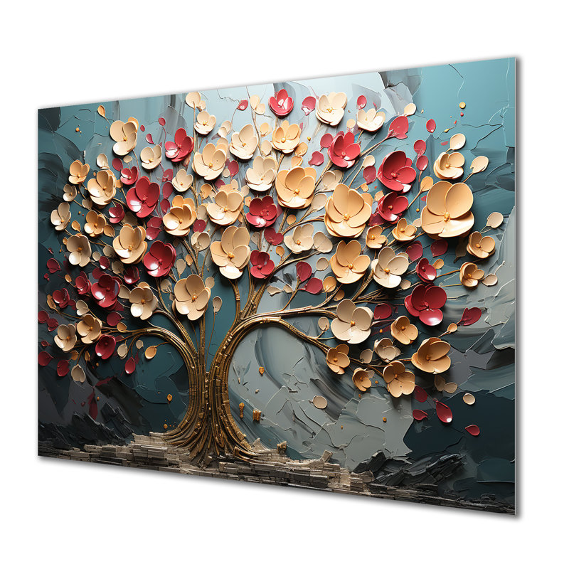Arbre de fleur rouge et or au clair de lune beauté II - arbre, art mural en métal, H 24 po x l 32 po x P 1 po
