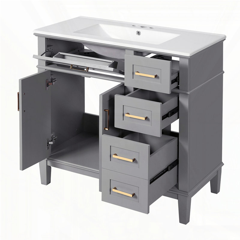 Meuble-lavabo 36 po avec lavabo en céramique, Gris, Doré