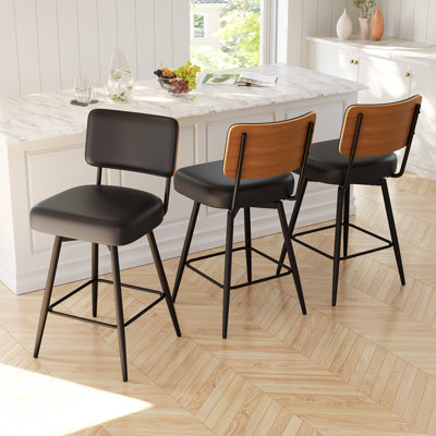 Ensemble de 3 tabourets de bar pivotants à hauteur de comptoir avec dossier, tabourets de cuisine en polyuréthane, siège à coussin épais, pivotant à 360 °, capacité de 350 lb pour la salle à manger, noir