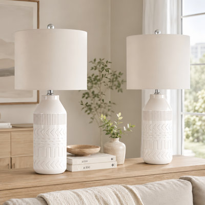 Allon 24" Modern White Ceramic Table Lamp with 3-Way Dimming and Oatmeal Linen Shade