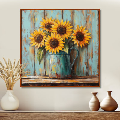 Tournesol, art mural de tournesol, toile de pichet en émail, tournesols dans un pichet en émail