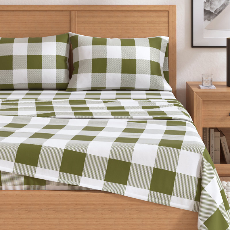 100% Turkish Cotton Flannel Christmas Sheet Sets, Buffalo Check/Green Checkered, California King with 2 Pillowcases