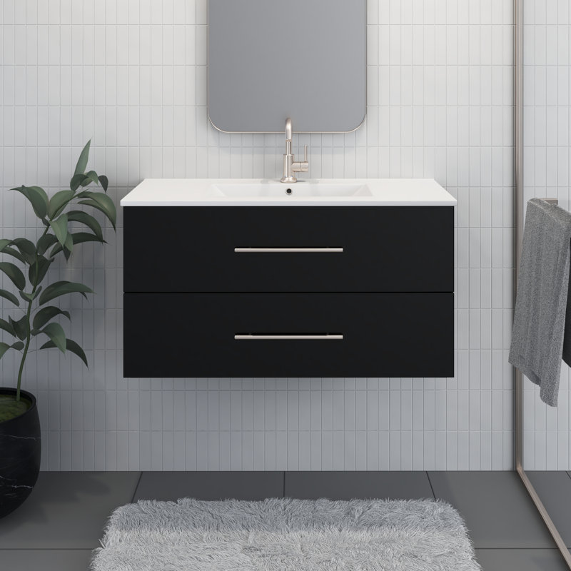 Munnsville 36'' Single Bathroom Vanity with Ceramic Top, Glossy Black