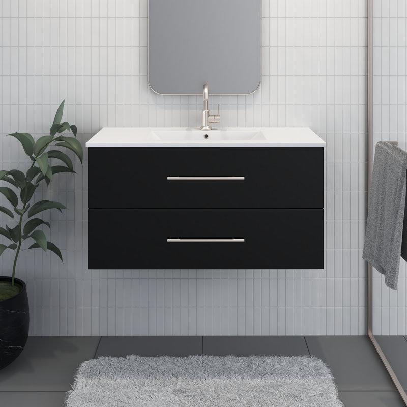 Munnsville 36 " W Single Vanity Bathroom Vanity With Ceramic Top, Glossy Black