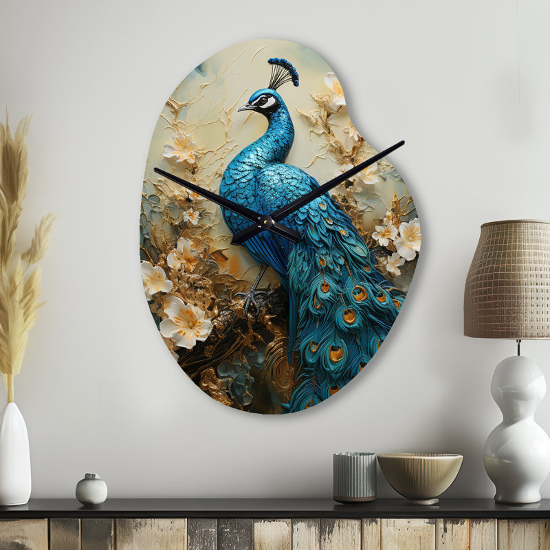 «Peacock Encaustic Portrait II - Peacock», horloge murale asymétrique, Grand
