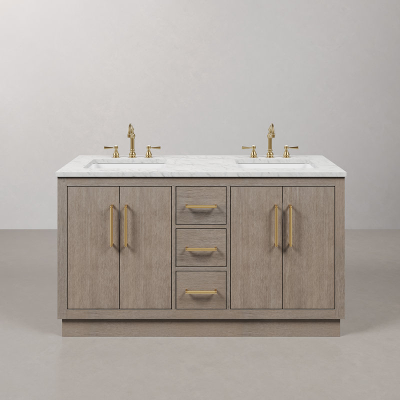 Hugo 60'' Double Bathroom Vanity with Carrara Marble Top, Satin Gold