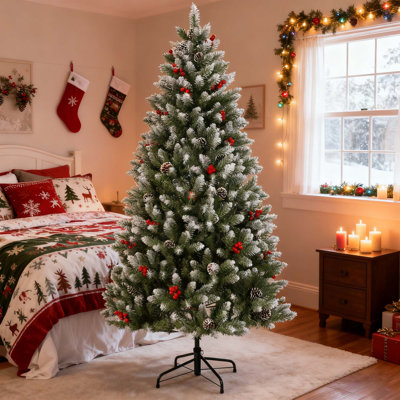 Arbre de Noël artificiel avec baies rouges, pointes de neige, pommes de pin, arbre de Noël pour la maison, le bureau, la boutique
