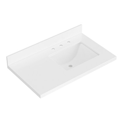 ARIEL 37 INCH PURE WHITE QUARTZ BATHROOM VANITY COUNTERTOP 1.5 INCH THICK MITER EDGE WITH RIGHT OFFSET RECTANGLE SINGLE SINK AND INCLUDES BACKSPLASH