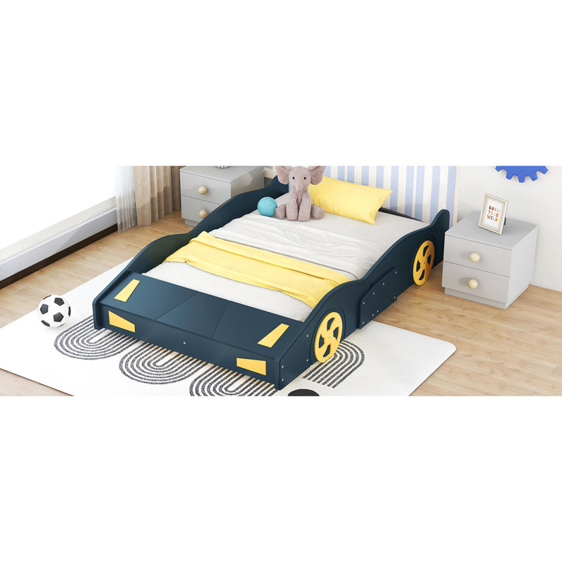 Lit plateforme pour voiture de course double - bleu foncé et jaune avec espace de rangement en bois + roues et robuste pour chambre à coucher