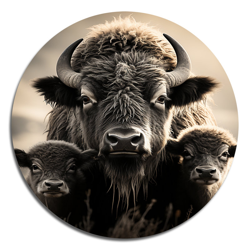 Bison Bison Family Bond - animaux, art en métal rond, H 16 po x l 16 po x P 1 po