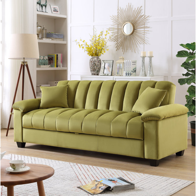 Canapé-lit double en velours avec rangement Biscuit, Vert, H 33,75 po x l 82,7 po x P 35,25 po