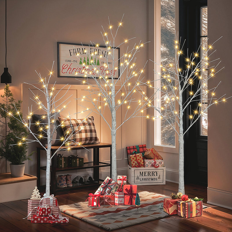 Set Of Lighted Birch Tree, 4FT 48 LED/5FT 72 LED/6FT 96 LED Artificial Tree With Warm White Lights, Christmas Tree