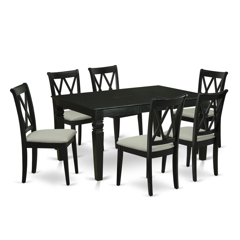 Ensemble de table et de chaises de cuisine 7 pièces comprenant une table de salle à manger rectangulaire en forme de papillon et 6 chaises en tissu de lin, noir