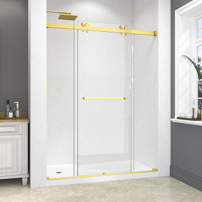 55 po x 60 po x H 78 po, porte de douche coulissante à double contournement coulissante en or brossé, facile à installer, verre trempé 1/4 po (6 mm) avec film antidéflagrant Nano