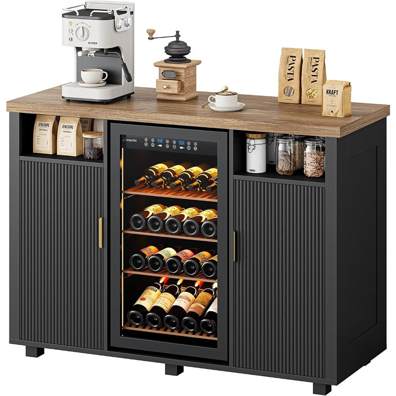 Meuble-bar à café avec compartiment réfrigérateur, rangement pour bouteilles de vin, prise électrique et rangement dans la porte, buffet moderne cannelé
