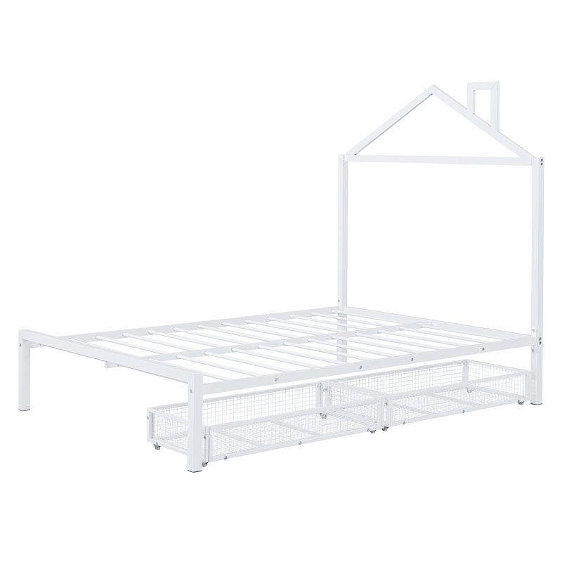 Full Size Metal Platform Bed With Two Drawers,House-Shaped Headboard Design, White