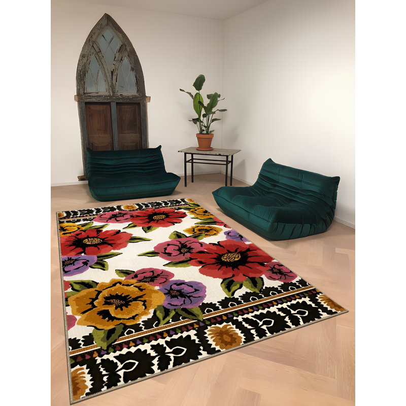 Tapis décoratif multicolore à motif floral rose, Tapis de couloir 3 pi 3,37 po x 6 pi 6,74 po