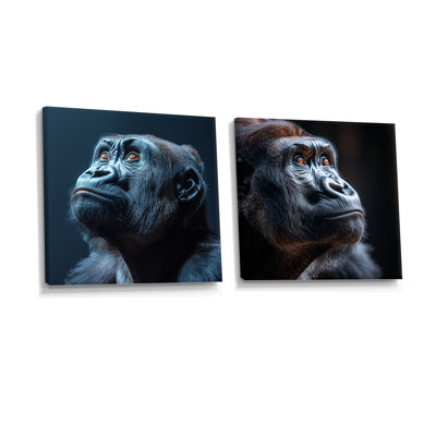 Profil de gorille sur fond noir uni I - art mural gorille - ensemble de 2 décorations murales modernes