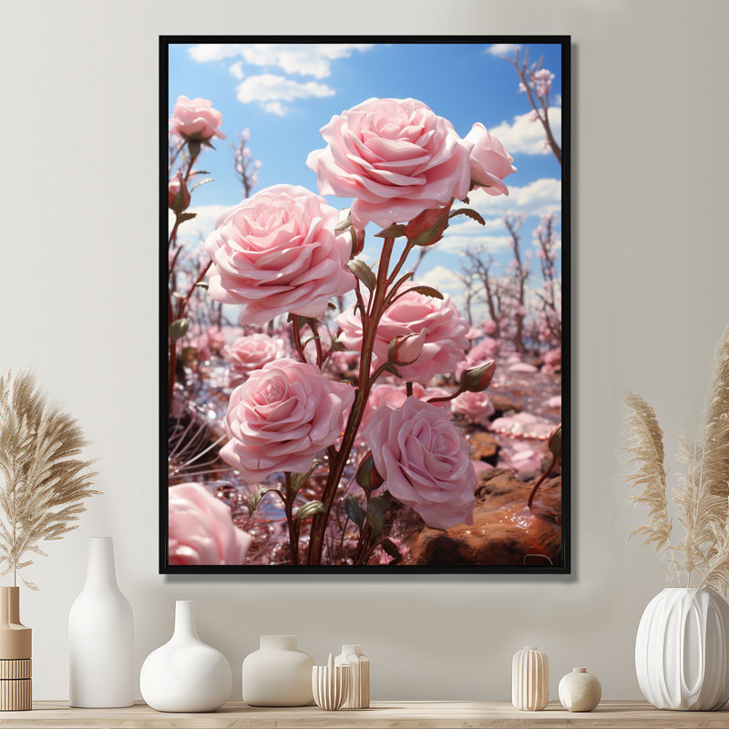 Rose rose vibrant bleu ciel - Roses, art mural salon, Toile avec cadre flottant noir, H 20 po x l 12 po x P 1 po