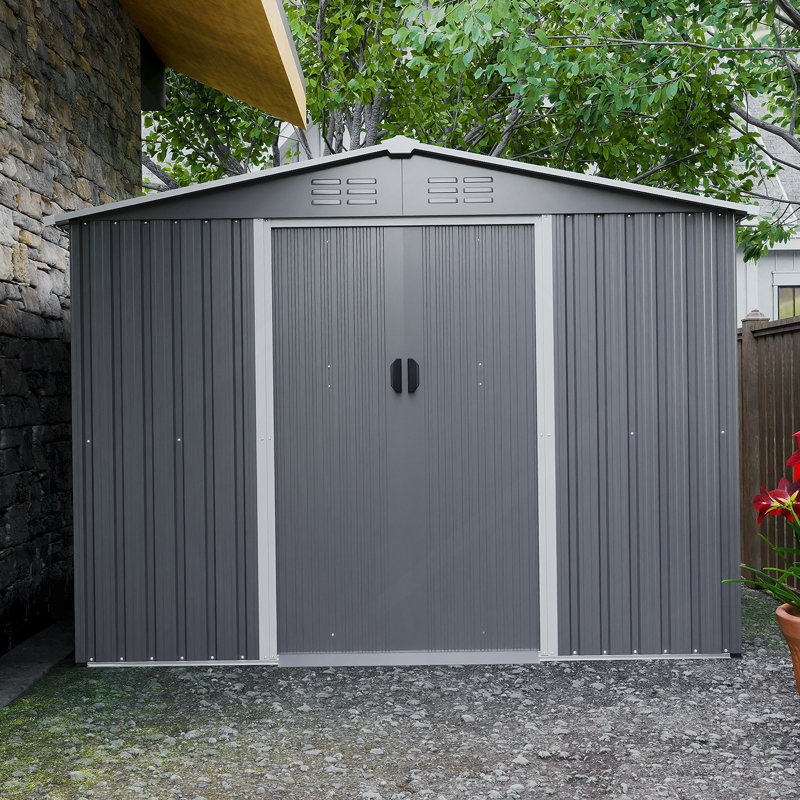 Remise de rangement pour outils 8 x 6 pi avec fondation en métal et portes verrouillables, remise en métal toutes saisons