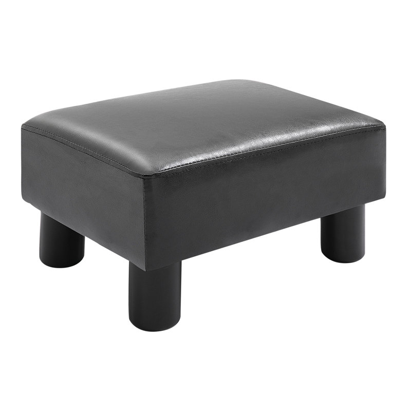 Ottoman Foot Rest, Small Foot Stool With Faux Leather Upholstery, Rectangular Ottoman Footrest With Padded Foam Seat And Plastic Legs, Bright Black