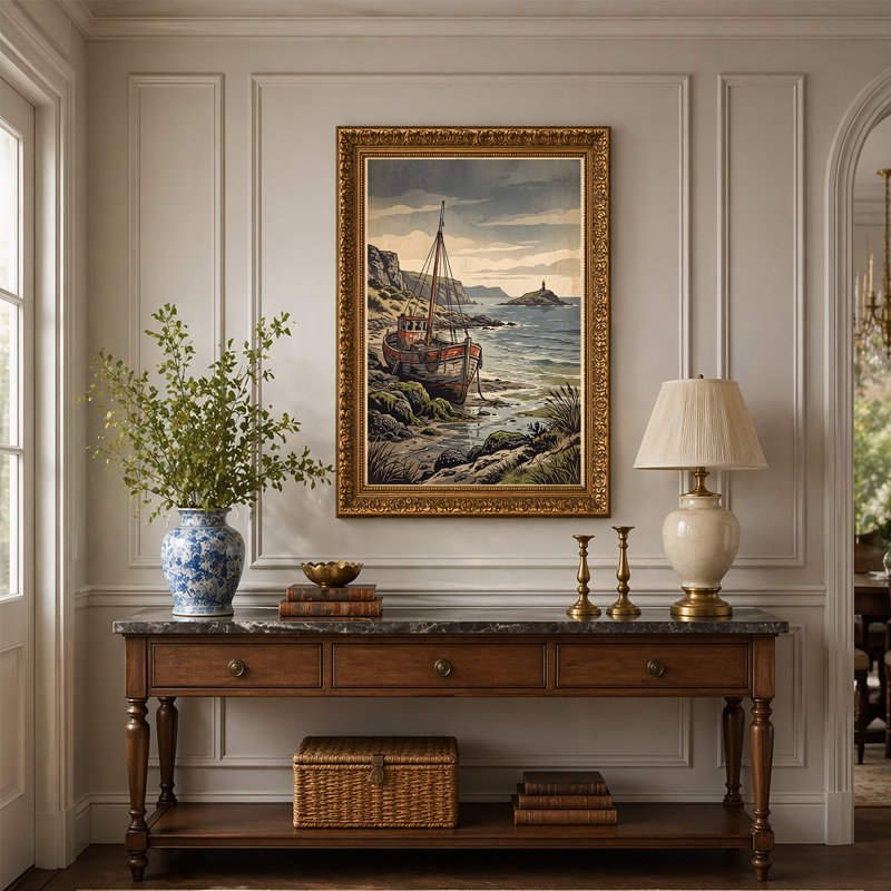 Art sur toile, bateau en bois orange gris sur une côte rocheuse près du phare, 30"H x 20"W