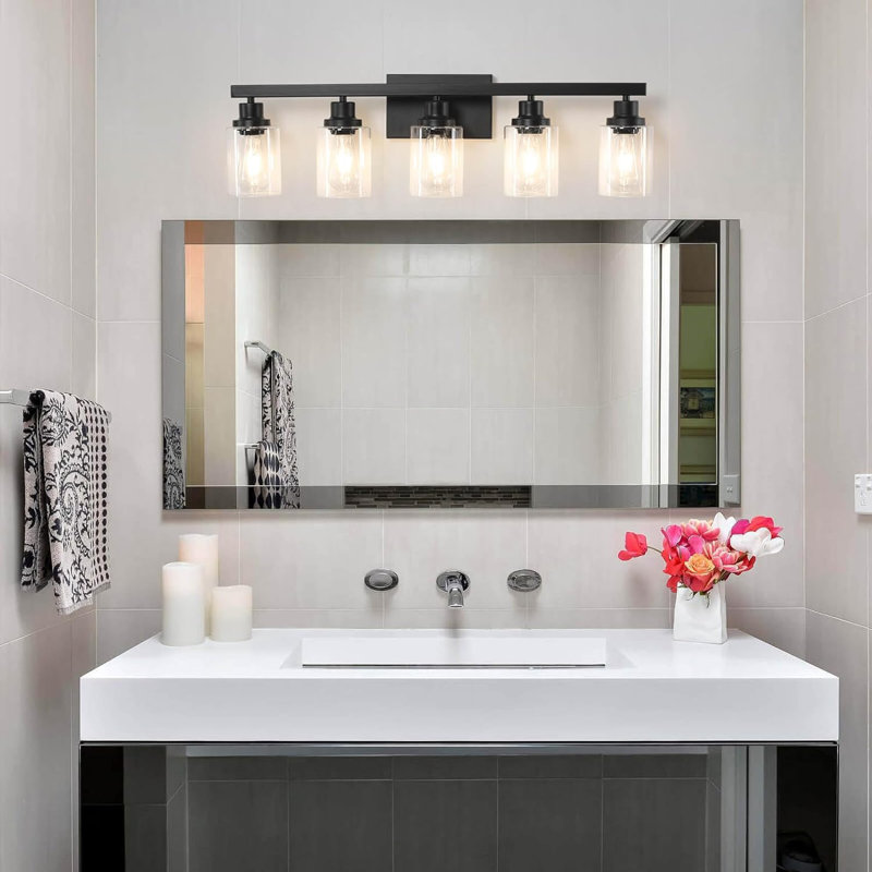 5-Light Black Bathroom Vanity Light, 31" Matte Light Fixture, Wall Sconces With Clear Glass Shade, Black Bathroom Wall Light Over Mirror