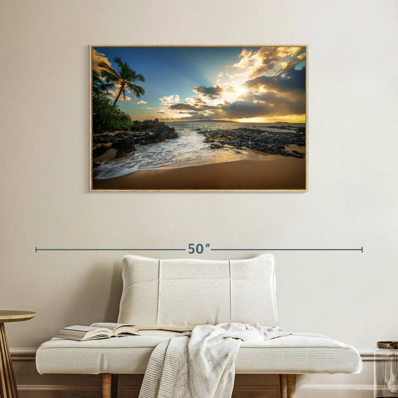 Makena Cove, ciel coucher de soleil, Cadre flottant en bois naturel, 40 po x 27 po