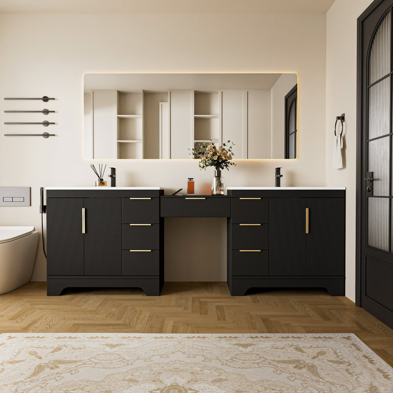 Meuble-lavabo sur pied 96 po avec lavabo double 96 po avec comptoir, comptoir de maquillage 24 po avec tiroir, tablette d'armoire de salle de bain avec tiroirs et portes