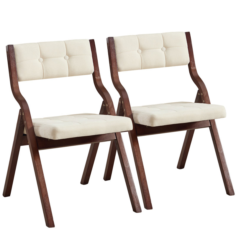 Elegantly Designed Foldable Chair With Solid Wood Frame And Button-Tufted Upholstered Backrest And Seat, Beige/Walnut
