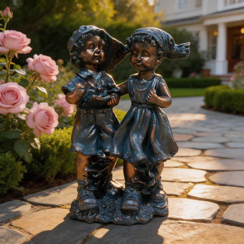 Ensemble de statue de jardin garçon et fille en oxyde de magnésium, résistant aux intempéries pour patio