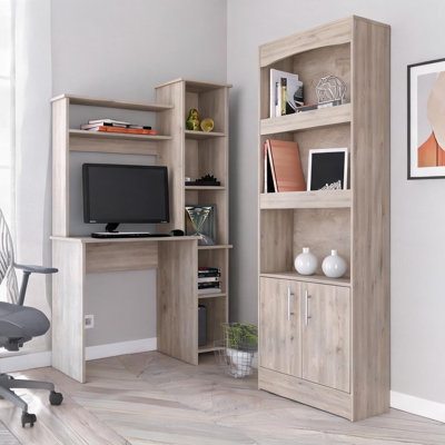 Ensemble de bureau d'ordinateur et de bibliothèque en panneau de particules gris doux, solution compacte de rangement et de travail à domicile