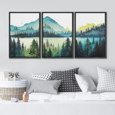 Woodland Forest Landscape " Watercolor Pastel Blue Green Pine Tree Mountain " 3 - Pieces