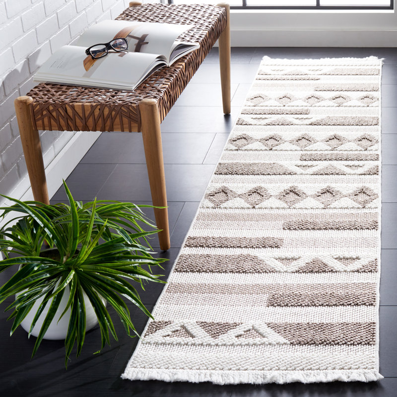 Tapis géométrique tissé à la machine en jute gris / ivoire, Tapis de couloir 2 pi x 8 pi