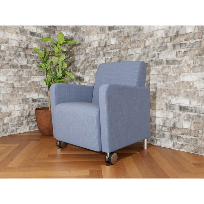 Fauteuil d'invité de réception Ravenna, Acier brossé, Chambray bleu marine clair, Avec des roulettes
