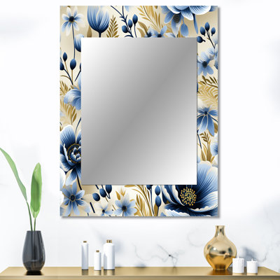 Motif floral rétro bleu et beige Clydene - miroir floral, miroir mural décoratif de campagne, impression d'art en métal