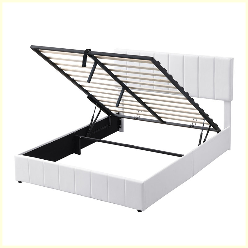 Lit plateforme tapissier moderne avec système de rangement hydraulique, White, Grand