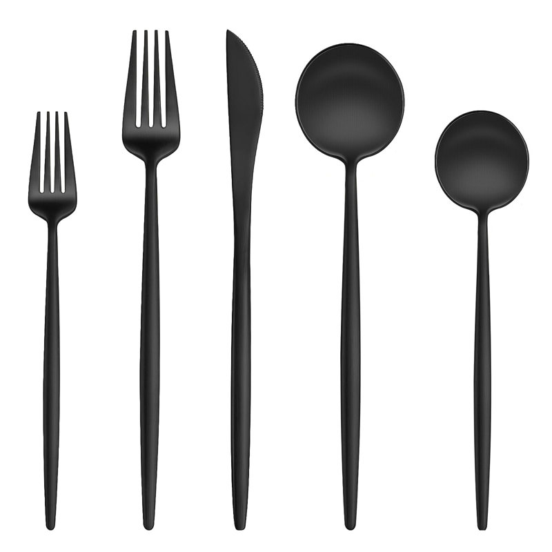Ensemble de couverts 40 pièces en acier inoxydable noir mat, robuste, lavable au lave-vaisselle, résistant à la rouille, design moderne pour 8 personnes, idéal pour un usage quotidien et des occasions spéciales