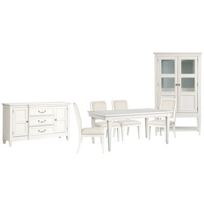 Extendable Rectangular Dining Table With 4 Upholstered Side Chairs Buffet And Display Cabinet