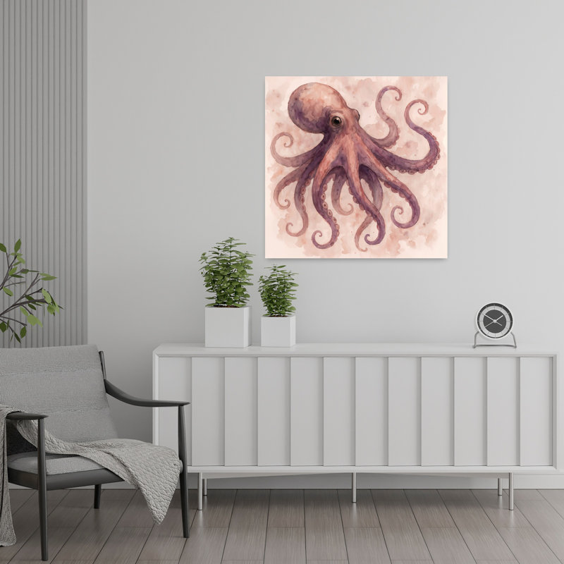 Pieuvre aquarelle en mauve doux et rose, art moderne de pieuvre rétro moderne, H 24 po x l 24 po